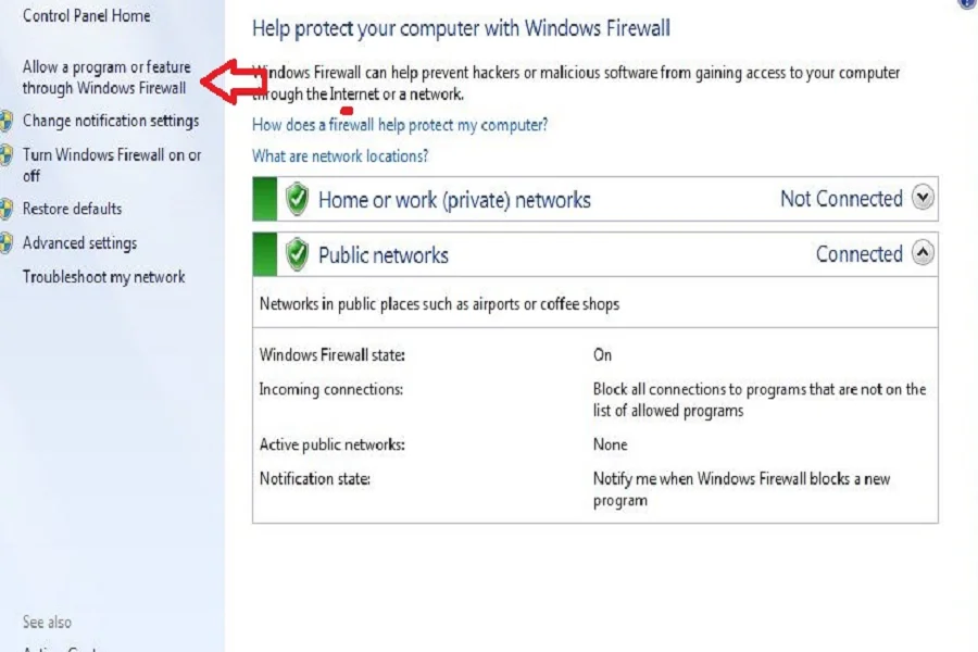 اکنون باید در پنجره Windows Firewall بر روی تب Allow a program or feature through Windows Firewall کلیک کنید.