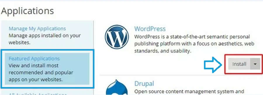 در قدم بعد باید گزینه Featured Applications را انتخاب کنید و سپس بر روی گزینه نصب (Install) زیر برنامه وردپرس بزنید.