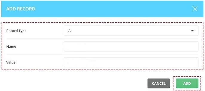 در پنجره باز شده سه فیلد که به ترتیب شامل: Record Type، Name و Value را باید پر کنید. برای فیلد اول (Record Type) حرف A را وارد کنید. در بخش Name، نام دامنه و در فیلد آخر آدرس آی پی سرور خود را وارد کنید. در نهایت بر روی گزینه ADD کلیک کنید.
