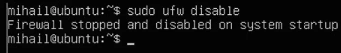 از طرفی فعال ماندن این برنامه ممکن است منجر به مسدود شدن اتصال برقرار شده توسط فایروال شود. بنابراین برای آنکه از پیکربندی‌ها و تنظیمات فایروال خلاص شوید، کافیست تا آن را غیرفعال کنید. برای این کار کافیست تا کد دستوری sudo ufw disable را وارد کنید.