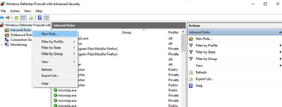 در ادامه باید بر روی گزینه Inbound Rule کلیک راست کنید و از بخش New Rule برای دسترسی به فایروال قوانین جدیدی ایجاد کنید.