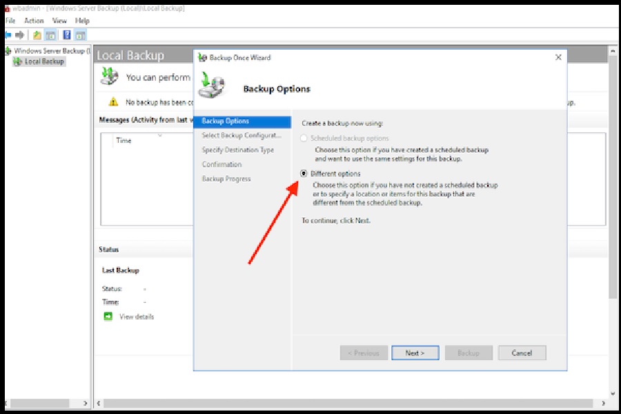 در کادر ""User Account Control dialog، اعتبار عملیات بکاپ گیری از ویندوز سرور را تایید کرده و بر روی "OK" کلیک کنید. سپس با انتخاب " "Local Backupبه منوی "Action" وارد شوید و بر روی گزینه Backup once"" ضربه بزنید. در پنجره باز شده از قسمت "Backup options" بر روی گزینه Different" "options کلیک کرده و در نهایت نیز "Next" را انتخاب کنید.